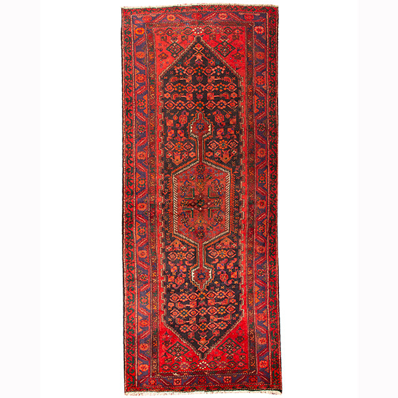 Hamadan Persian Rug 11'4" x 4'11" - Semi Antique Afshan Red, Blue Hand Knotted | front view | SKU 110288