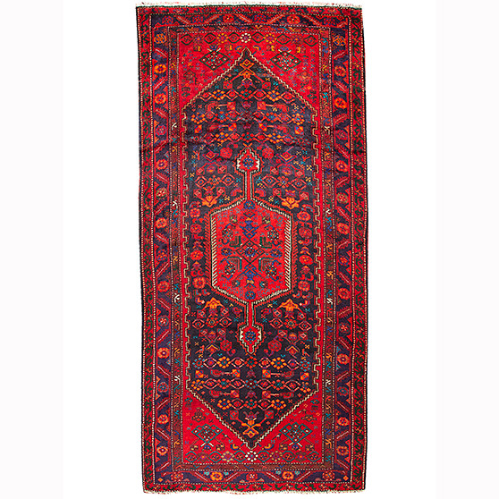 Zanjan Persian Rug 10x4 ft - Semi Antique Medallion Navy Blue, Crimson Hand Knotted | front view | SKU 110289