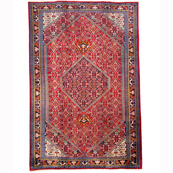 Zanjan Persian Rug 10x6 ft - Semi Antique Medallion Toranj, Herati Mahi Madder Red, Navy Blue, Ivory Hand Knotted | front view | SKU 110292