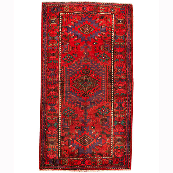 Zanjan Persian Rug 8'3" x 4'7" - Semi Antique Medallion Navy Blue, Crimson Hand Knotted | front view | SKU 110293