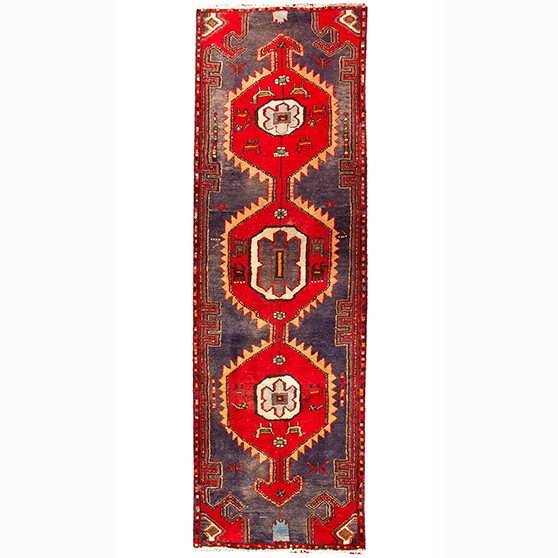 Ardabil Persian Rug 8x2 ft - Semi Antique Medallion (Toranj), Geometric Red, Navy Blue, Cream Hand Knotted | front view | SKU 110295