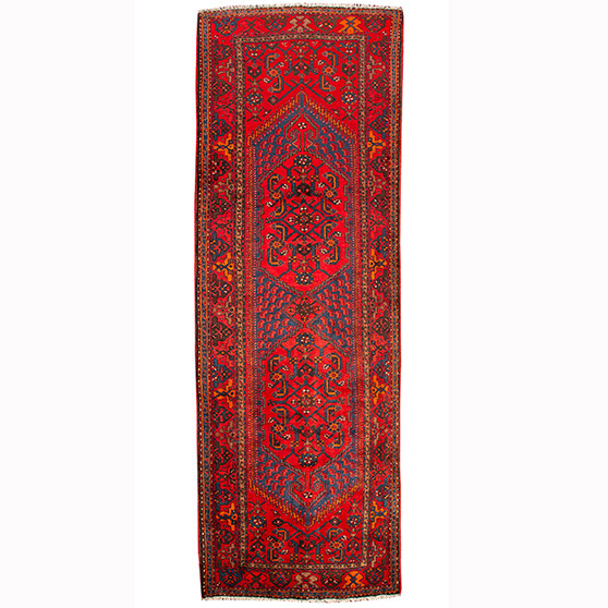 Zanjan Persian Rug 10x3 ft - Semi Antique Medallion (Toranj), Herati (Mahi) Madder Red, Navy Blue, Crimson Hand Knotted | front view | SKU 110299