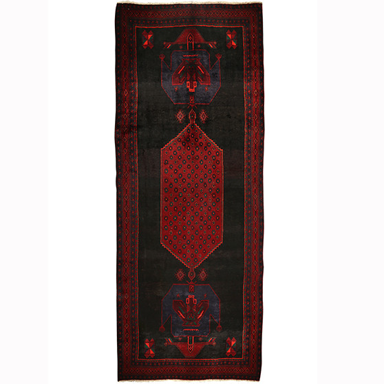 Bijar Persian Rug 13'1" x 5'1" - Semi Antique Medallion Crimson, Navy Blue Hand Knotted | front view | SKU 110300