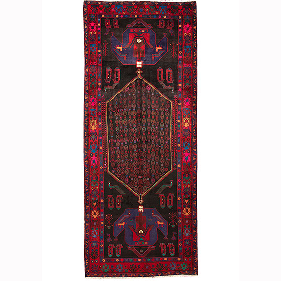 Bijar Persian Rug 12'4" x 4'11" - Semi Antique Medallion Crimson, Navy Blue Hand Knotted | front view | SKU 110301