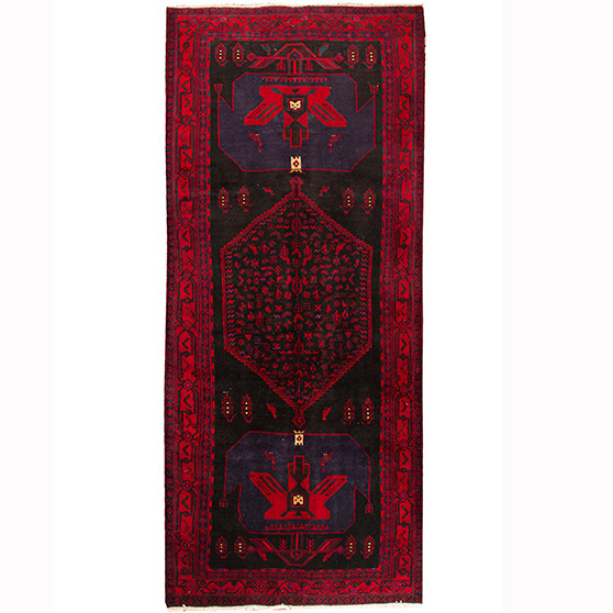 Bijar Persian Rug 13x5 ft - Semi Antique Medallion Crimson, Navy Blue Hand Knotted | front view | SKU 110302