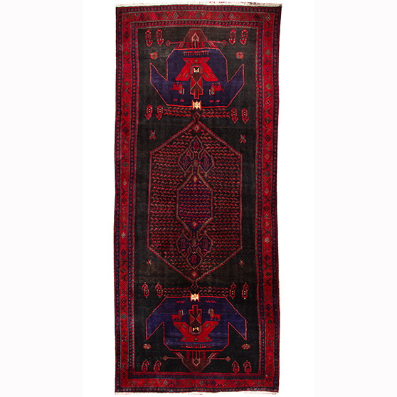 Bijar Persian Rug 13'1" x 5'4" - Semi Antique Medallion Crimson, Navy Blue Hand Knotted | front view | SKU 110304
