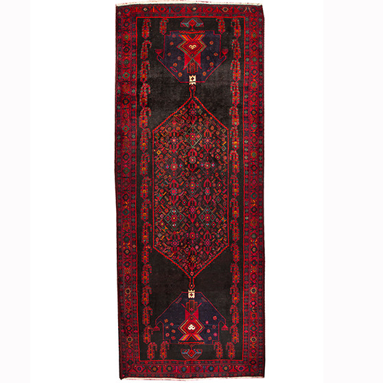 Bijar Persian Rug 12'2" x 4'11" - Semi Antique Medallion Crimson, Navy Blue Hand Knotted | front view | SKU 110305