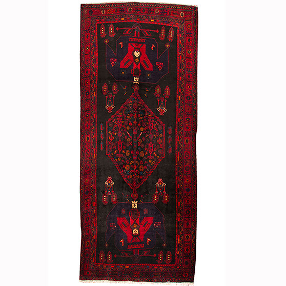 Bijar Persian Rug 12x5 ft - Semi Antique Medallion Dark Red, Crimson, Navy Blue Hand Knotted | front view | SKU 110306