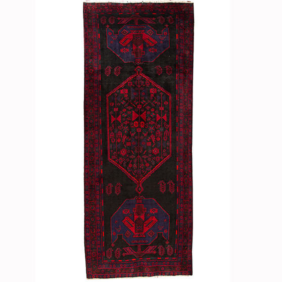 Bijar Persian Rug 13x4 ft - Semi Antique Medallion (Toranj), Geometric Dark Red, Black, Crimson Hand Knotted | front view | SKU 110308