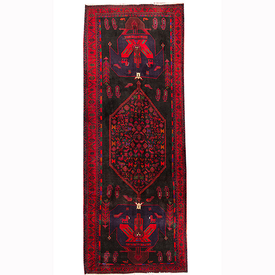 Bijar Persian Rug 13'10" x 4'11" - Semi Antique Medallion Crimson, Navy Blue Hand Knotted | front view | SKU 110313