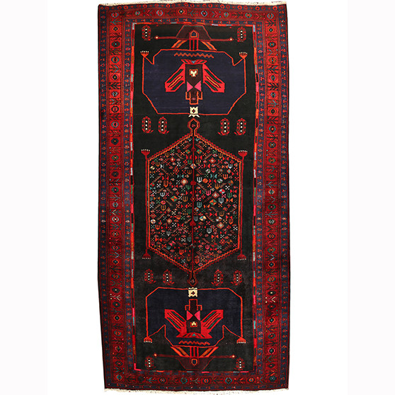 Bijar Persian Rug 10'6" x 4'11" - Semi Antique Medallion Crimson, Navy Blue Hand Knotted | front view | SKU 110314