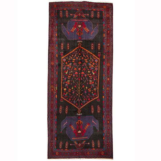Bijar Persian Rug 12'6" x 5'1" - Semi Antique Medallion Crimson, Navy Blue Hand Knotted | front view | SKU 110316