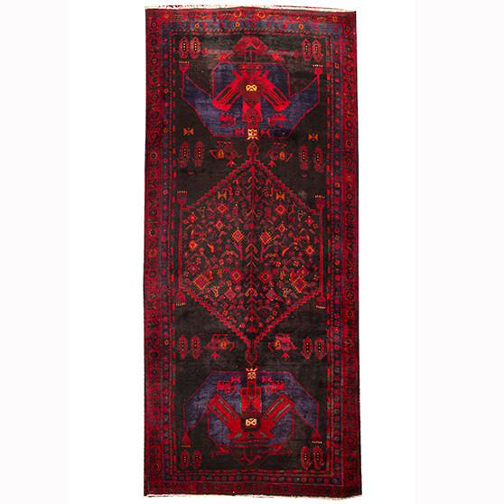 Bijar Persian Rug 10'8" x 4'9" - Semi Antique Medallion Crimson, Navy Blue Hand Knotted | front view | SKU 110320