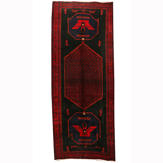 Bijar Persian Rug 12'4" x 5'3" - Semi Antique Medallion Crimson, Navy Blue Hand Knotted | front view | SKU 110321