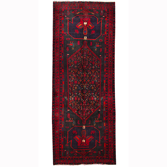Bijar Persian Rug 13x4 ft - Semi Antique Medallion (Toranj), Geometric Dark Red, Navy Blue, Black Hand Knotted | front view | SKU 110322