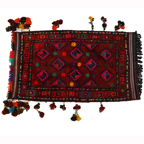 Shiraz Persian Rug 3x2 ft - Semi Antique Geometric, Diamond Lattice Dark Red, Maroon, Black Hand Knotted | front view | SKU 110329