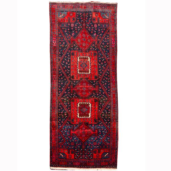 Senneh Persian Rug 10x4 ft - Semi Antique Medallion (Toranj), Geometric Dark Red, Navy Blue, Crimson Hand Knotted | front view | SKU 110337