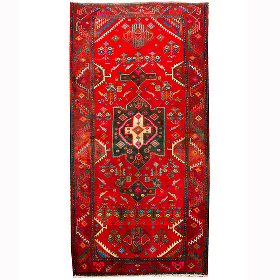 Ardabil Persian Rug 9x4 ft - Semi Antique Medallion (Toranj), Geometric Red, Dark Red, Navy Blue Hand Knotted | front view | SKU 110339