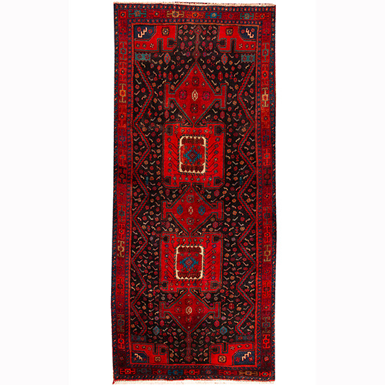 Senneh Persian Rug 11x4 ft - Semi Antique Medallion Crimson, Navy Blue Hand Knotted | front view | SKU 110340