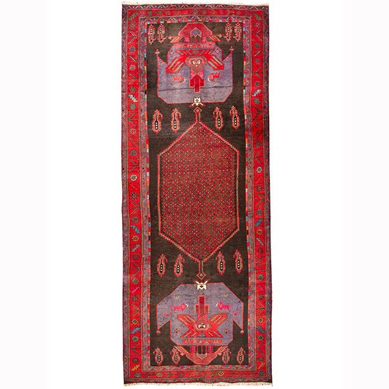 Bijar Persian Rug 13x4 ft - Semi Antique Medallion (Toranj), Geometric Crimson, Dark Red, Navy Blue Hand Knotted | front view | SKU 110345
