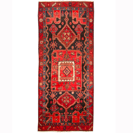 Bijar Persian Rug 8'6" x 3'11" - Semi Antique Medallion Crimson, Navy Blue Hand Knotted | front view | SKU 110348