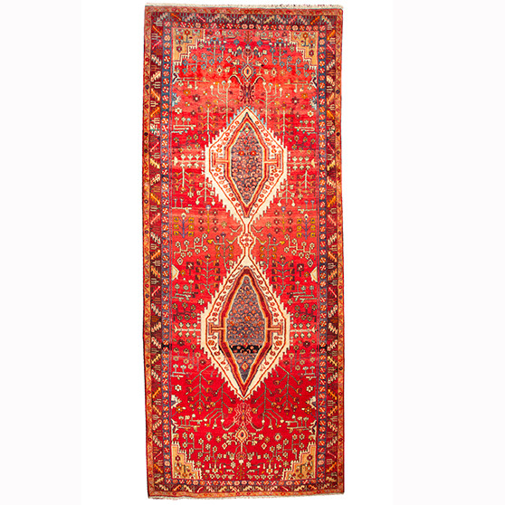 Bijar Persian Rug 13x5 ft - Semi Antique Medallion Crimson, Navy Blue Hand Knotted | front view | SKU 110349