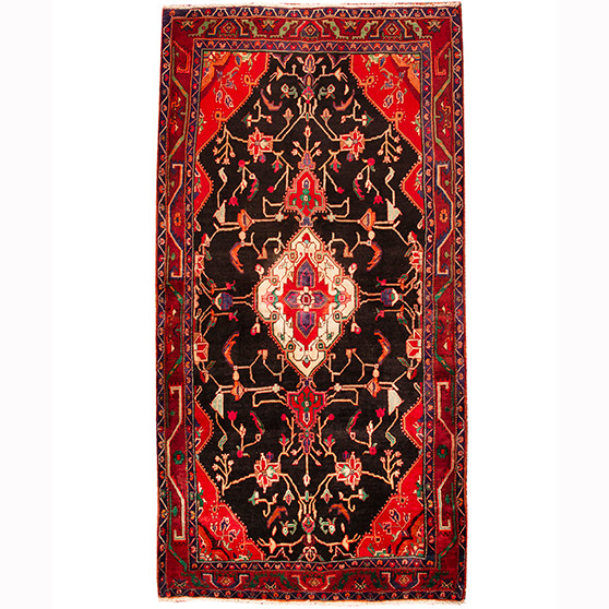 Bijar Persian Rug 9'10" x 4'12" - Semi Antique Medallion Crimson, Navy Blue Hand Knotted | front view | SKU 110351