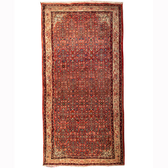 Kurdish Persian Rug 9x3 ft - Semi Antique Medallion Red, Blue Hand Knotted | front view | SKU 110352