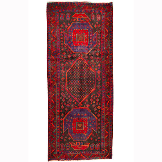 Bijar Persian Rug 12'7" x 5'2" - Semi Antique Medallion Crimson, Navy Blue Hand Knotted | front view | SKU 110353