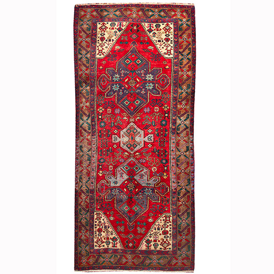 Bijar Persian Rug 11'8" x 4'10" - Semi Antique Medallion Crimson, Navy Blue Hand Knotted | front view | SKU 110355