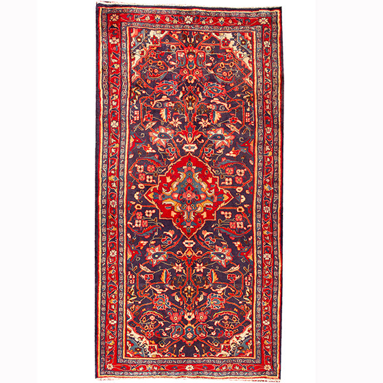 Arak Persian Rug 9x4 ft - Semi Antique Medallion (Toranj), Herati (Mahi) Dark Red, Navy Blue, Crimson Hand Knotted | front view | SKU 110360