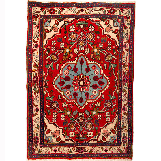Hamadan Persian Rug 4'5" x 3'1" - Semi Antique Afshan Red, Blue Hand Knotted | front view | SKU 110361