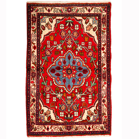 Hamadan Persian Rug 4x2 ft - Semi Antique Afshan Red, Blue Hand Knotted | front view | SKU 110362