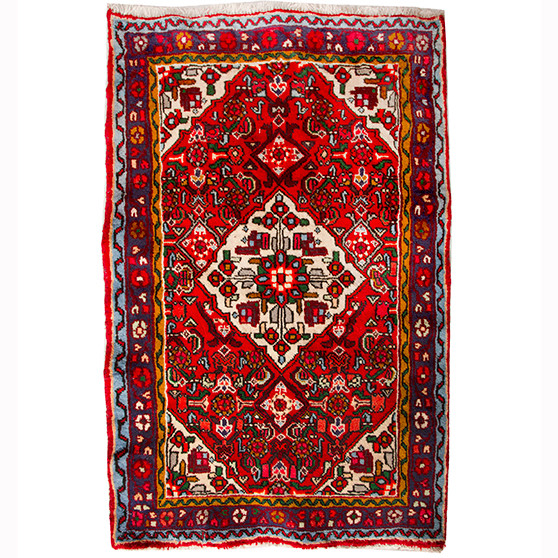 Hamadan Persian Rug 4'9" x 3'1" - Semi Antique Afshan Red, Blue Hand Knotted | front view | SKU 110364