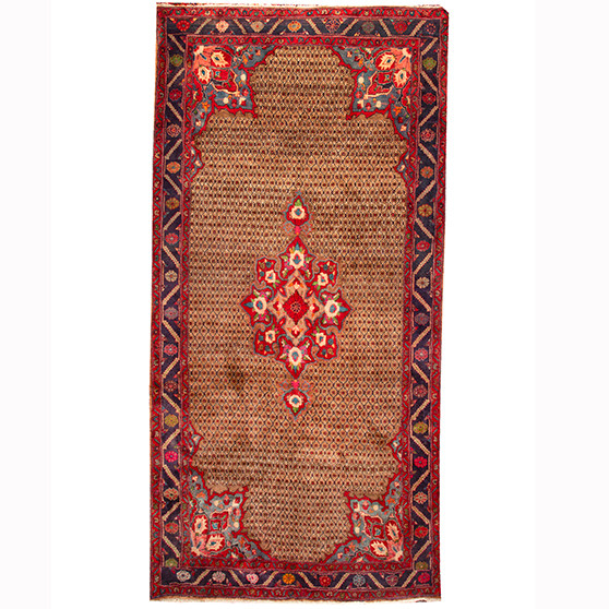Kurdish Persian Rug 10'4" x 5'4" - Semi Antique Medallion Red, Blue Hand Knotted | front view | SKU 110368