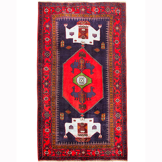 Bijar Persian Rug 8x4 ft - Semi Antique Medallion Crimson, Navy Blue Hand Knotted | front view | SKU 110369