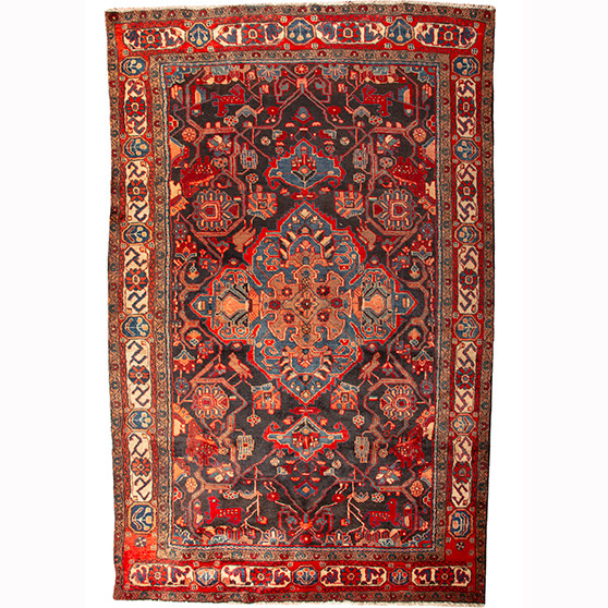 Nahavand Persian Rug 8'4" x 5'2" - Semi Antique Medallion Navy Blue, Red Hand Knotted | front view | SKU 110373