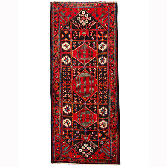 Saveh Persian Rug 10'1" x 4'0" - Semi Antique Medallion Red, Brown Hand Knotted | front view | SKU 110376