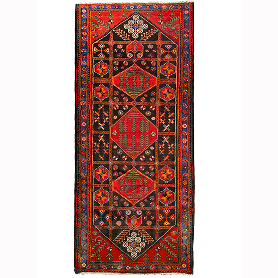 Saveh Persian Rug 9'5" x 4'2" - Semi Antique Medallion Red, Brown Hand Knotted | front view | SKU 110377