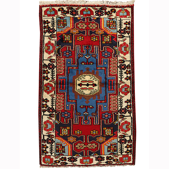 Saveh Persian Rug 4x2 ft - Semi Antique Medallion Red, Brown Hand Knotted | front view | SKU 110378