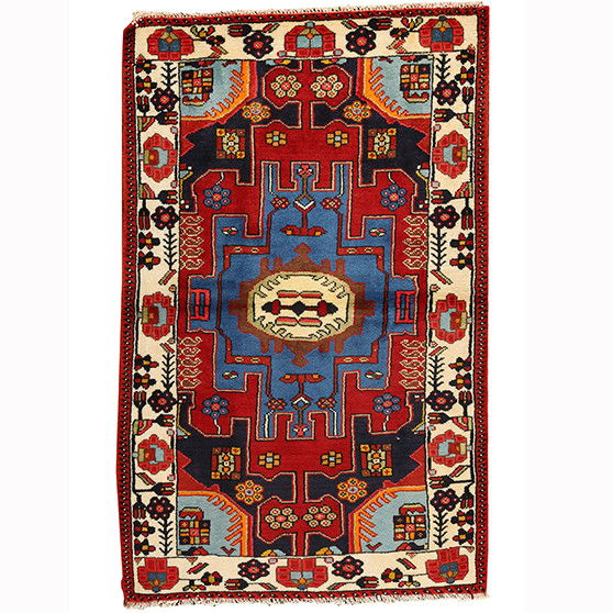 Saveh Persian Rug 4'3" x 2'7" - Semi Antique Medallion Red, Brown Hand Knotted | front view | SKU 110379