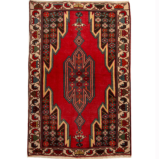 Saveh Persian Rug 4'5" x 3'1" - Semi Antique Medallion Red, Brown Hand Knotted | front view | SKU 110381