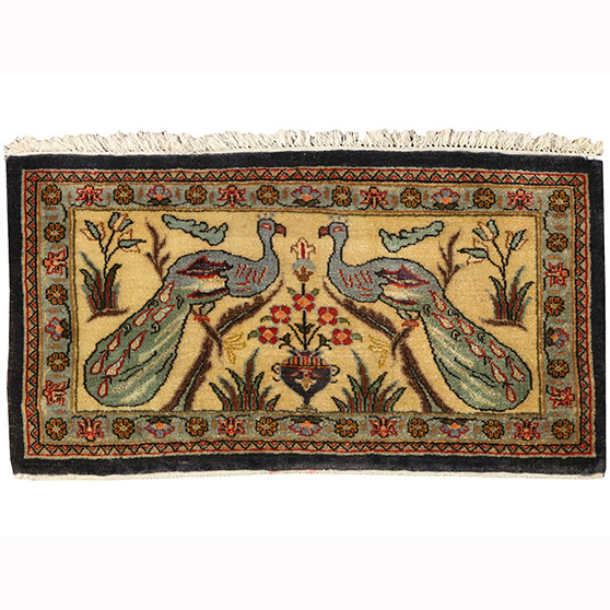 Qum Persian Rug 2x1 ft - Semi Antique Medallion Beige, Red Hand Knotted | front view | SKU 110382