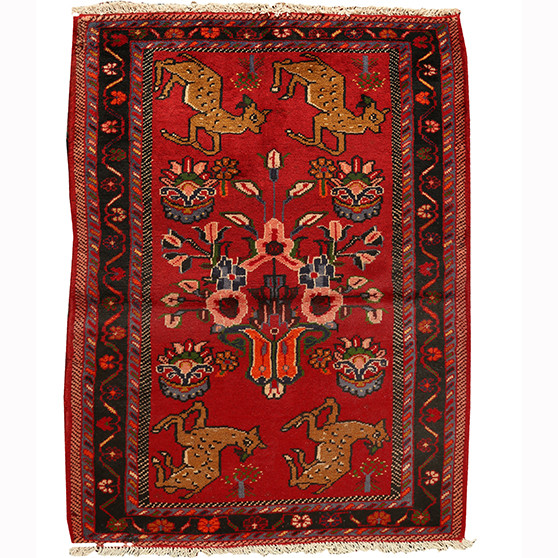 Hamadan Persian Rug 3x2 ft - Semi Antique Tree of Life, Afshan (All-Over) Madder Red, Dark Red, Navy Blue Hand Knotted | front view | SKU 110384