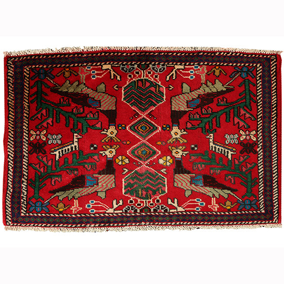 Saveh Persian Rug 3'5" x 2'2" - Semi Antique Medallion Red, Brown Hand Knotted | front view | SKU 110385