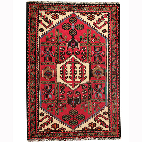 Saveh Persian Rug 3x2 ft - Semi Antique Medallion (Toranj), Geometric Madder Red, Cream, Dark Red Hand Knotted | front view | SKU 110386
