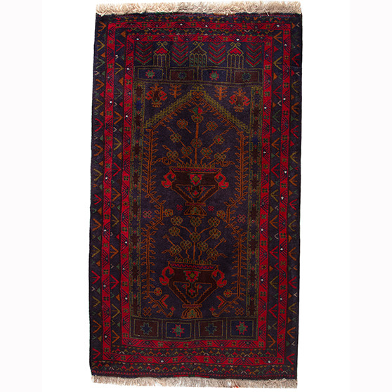 Baluch Persian Rug 4'12" x 2'11" - Semi Antique Mihrab Red, Blue Hand Knotted | front view | SKU 110387