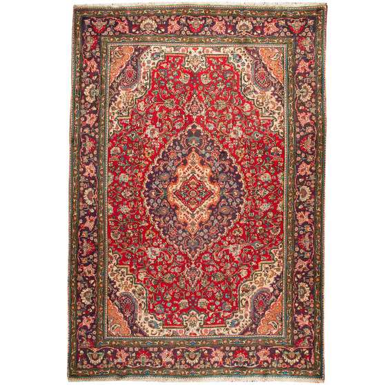 Tabriz Persian Rug 10'2" x 6'10" - Semi Antique Medallion Red, Cream Hand Knotted | front view | SKU 110388