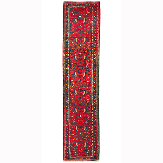 Hamadan Persian Rug 16'11" x 3'9" - Semi Antique Afshan Red, Blue Hand Knotted | front view | SKU 110389