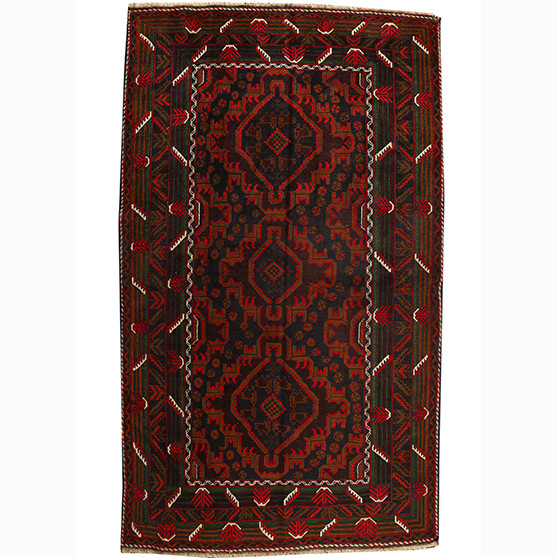 Baluch Persian Rug 6'11" x 4'2" - Semi Antique Mihrab Red, Blue Hand Knotted | front view | SKU 110401